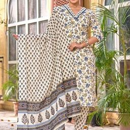 Anouk Floral Printed V-Neck Pure Cotton Straight Kurta With Trousers & Dupatta-24