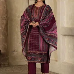 Sangria Floral Printed Round Neck Pure Silk Straight Kurta With Trousers & Dupatta-image-28