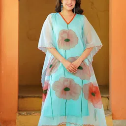 Ambraee Floral Printed Organza Kaftan Kurta With Trouser-picture-9