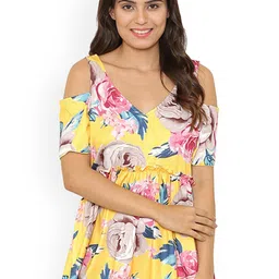 Kaali Peeli Floral Printed Cold ShoulderV-Neck Monokini Swim Dress-image-12