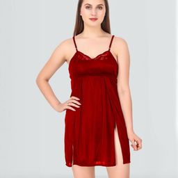 Dreambe Women Maroon Satin Slit Baby Dolls-picture-18