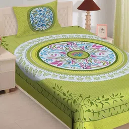 POORAK Green & White Jaipuri Print 104 TC Single Bedsheet with 1 Pillow Covers-image-76