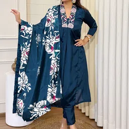 NIZA FASHION Women Floral Embroidered Regular Thread Work Kurta with Trousers & With Dupatta-26