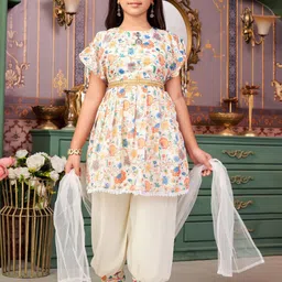BAESD Girls Floral Printed Pleated Kurta With Patiala And Dupatta-image-61