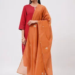 JAYPORE Embroidered Cotton Silk Dupatta with Mirror Work-picture-48