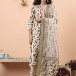 Yufta Floral Printed Pure Cotton V-Neck Straight Kurta With Trousers And Dupatta-image-88