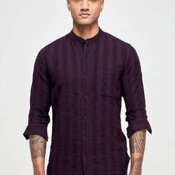 Red Flame Men Band Collar Textured Cotton Casual Shirt-image-60