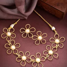 NVR Girls Gold-Plated Floral Shaped Pearl Beaded Jewellery Set-23