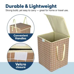 Aura White & Brown Checked Foldable Laundry Bag With Lid 75 L image 2
