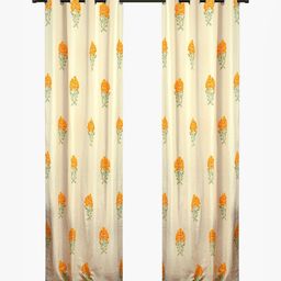 Aura Cream & Orange 2 Pieces Floral Cotton Printed Window Curtains-45