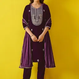 Anouk Violet Floral Embroidered Velvet Straight Kurta With Trouser & Dupatta-picture-46