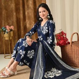 HERE&NOW Women Floral Printed Regular Pure Cotton Kurta & Trousers With Dupatta-image-86