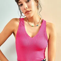 BIANCO LUCCI Women V- Neck Ribbed Top-image-28