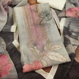 HERE&NOW Floral Printed Zari Work Organza Unstitched Dress Material-image-22