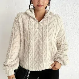 bebe Women Geometric Self Design Mock Collar Sweatshirt-image-53