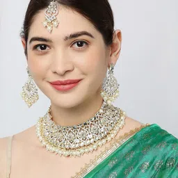 VATSALYA creation Gold Toned Pearl Stone Studded Jewellery Set-12