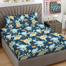FABINALIV Blue & Green Floral 300 TC King Bedsheet with 2 Pillow Covers-image-69
