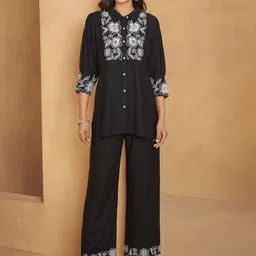 Anouk Embroidered Shirt Collar Liva Top With Trouser-image-77