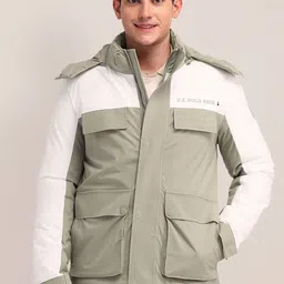 U.S. Polo Assn. Men Colourblocked Padded Jacket with Patchwork-43