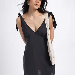 glitchez Plunge Neck Tie-Up Detail Pure Cotton Mini A-Line Dress-picture-57