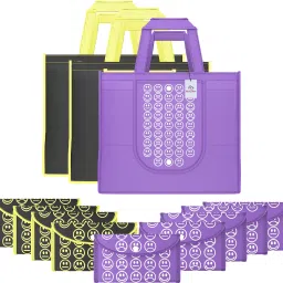 Pack of 12 Smile Foldable Unisex Shopping Bags | Black Yellow & Purple Pack of 12 Grocery Bags-image-88