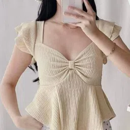 Casual Puff Sleeves Solid Women Beige Top-image-78
