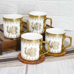 femora White & Gold 180 ml Ceramic Peacock (Set of 4) Tea Cup Set-picture-9
