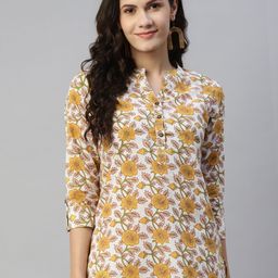 MALHAAR White & Mustard Yellow Floral Printed Pure Cotton Kurti-image-15
