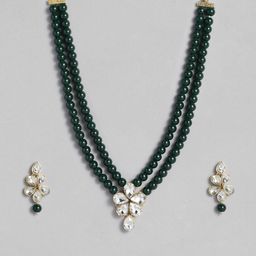 I Jewels Green & White Floral Studded Gold Plated Jewellery Set-58