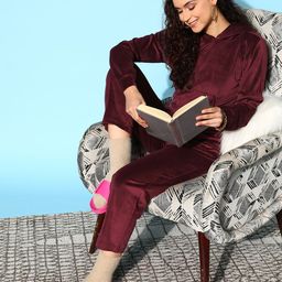 ETC Women Burgundy Velvet Night Suit-image-55