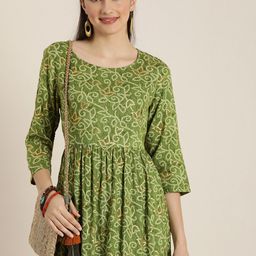 Sangria Green Printed Ethnic A-Line Dress-image-3