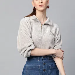 SASSAFRAS Women Grey Melange Faux Fur Solid Crop Sweatshirt-image-43