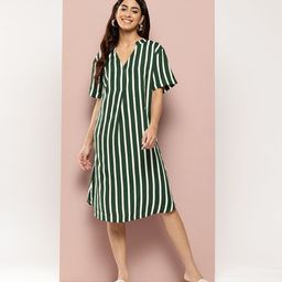 Qurvii Striped Mandarin Collar Crepe A-Line Dress-image-45