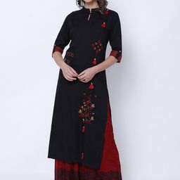 Vishudh Women Black Woven Design Straight Kurta-image-7