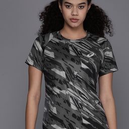 ASICS Women Black & Grey Camouflage Printed Round-Neck Running T-shirt-picture-24