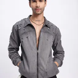 glitchez Claw Cut Mildly Distressed Denim Jacket-image-16
