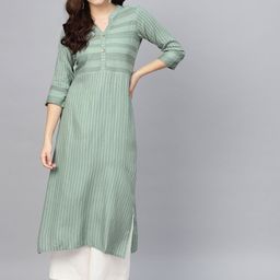 Meeranshi Women Green Striped Straight Kurta-picture-54