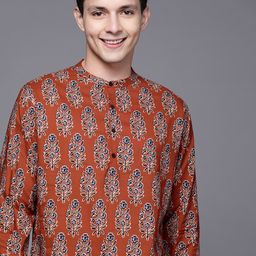 Indo Era Men Rust & Navy Blue Cotton Printed Kurta-35