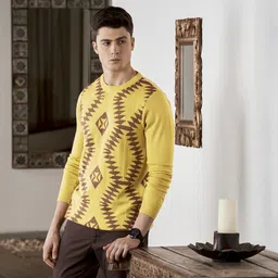 Anouk Men Mustard Yellow & Brown Self-Design Pullover-9