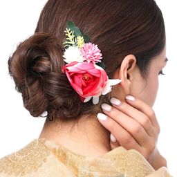 Yellow Chimes Women Pink & Green Bridal Floral Comb Pin-image-88