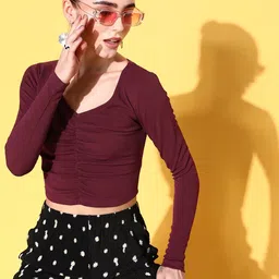 Veni Vidi Vici Maroon Ruched Sweetheart Neck Crop Top-image-3