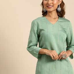 Sangria Women Green Sequined Jacquard Chanderi Silk Kurta-picture-22