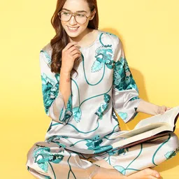 Bannos Swagger Women Alluring Grey Floral Printed Night Suit-image-9