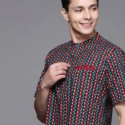 Indo Era Men Navy Blue & Maroon Cotton Printed Kurta-image-81