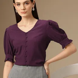 Chemistry Puff Sleeves Crepe Shirt Style Top-image-30