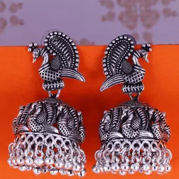 Sangria Silver-Plated Kundan-Studded & Beaded Oxidised Dome Shaped Jhumkas-13
