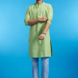 Diwas by Manyavar Self design Mandarin Collar Cotton Kurta-picture-17