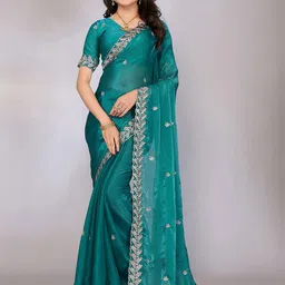 FABMORA Floral Embroidered Saree With Blouse Piece-picture-15