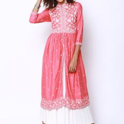 Vishudh Women Coral & White Printed A-Line Kurta-2