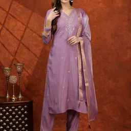 Berrylicious Women Embroidered Regular Sequinned Chanderi Cotton Kurta with Trousers & With Dupatta-16